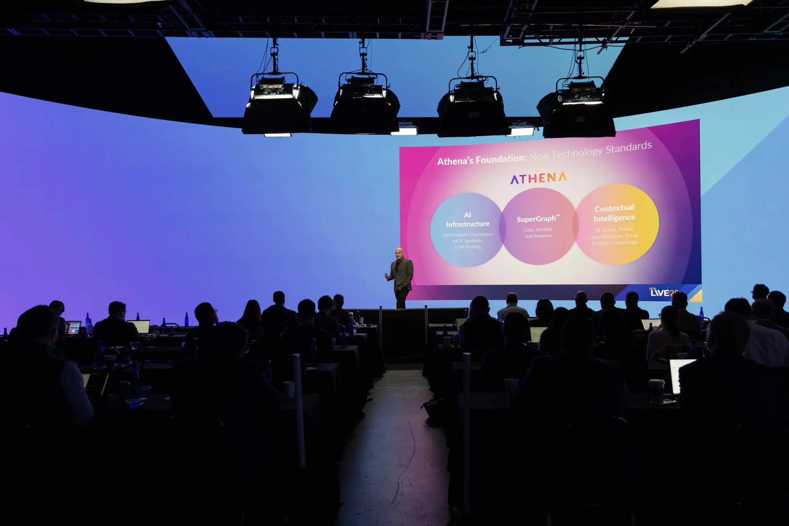 A speaker presents on stage at a technology conference, discussing Athena's foundational technology standards, including AI Infrastructure, SuperGraph, and Contextual Intelligence, with an audience engaged in the background.