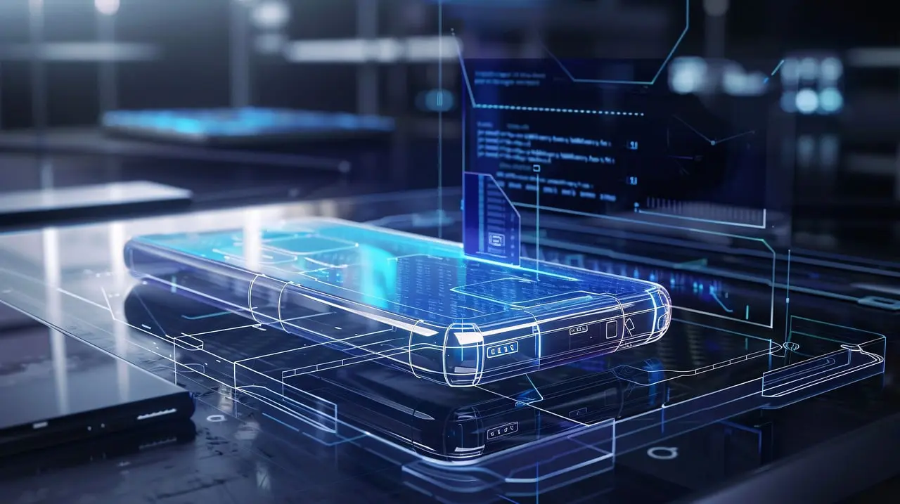 Futuristic smartphone design with holographic interface displayed, showcasing advanced technology and digital data visualization on a sleek, modern surface.