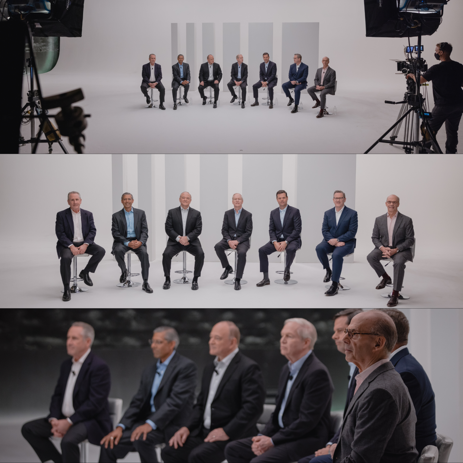 Group of eight professionals seated in a studio setting, discussing business topics. The image captures two angles: one showing a wide view with a camera setup and the other a close-up of the individuals, highlighting their engaged expressions. The backdrop features a minimalist design, enhancing the focus on the discussion.