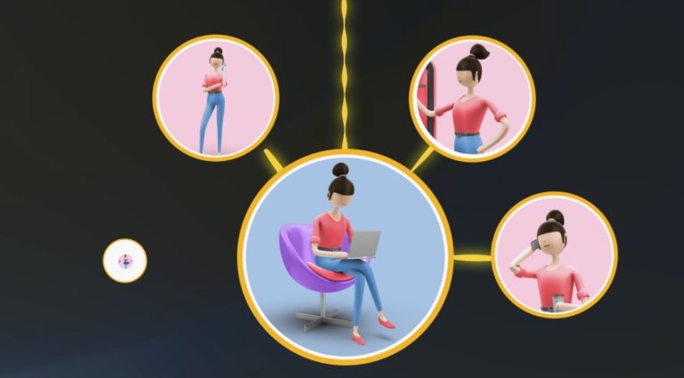 3D illustration of a woman sitting at a desk with a laptop, surrounded by smaller circles depicting various activities such as talking on the phone, thinking, and taking notes, representing multitasking and productivity concepts.