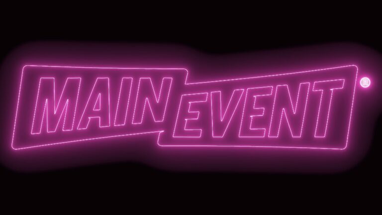 Neon pink logo of Main Event, a popular entertainment and dining venue, featuring bold lettering on a black background.