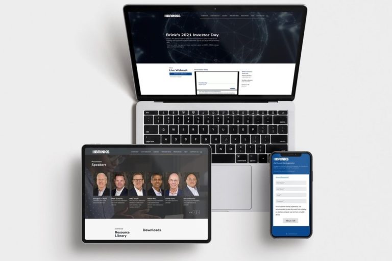 Brink's 2021 Investor Day website displayed on a laptop, tablet, and smartphone, showcasing speakers and resource library options.