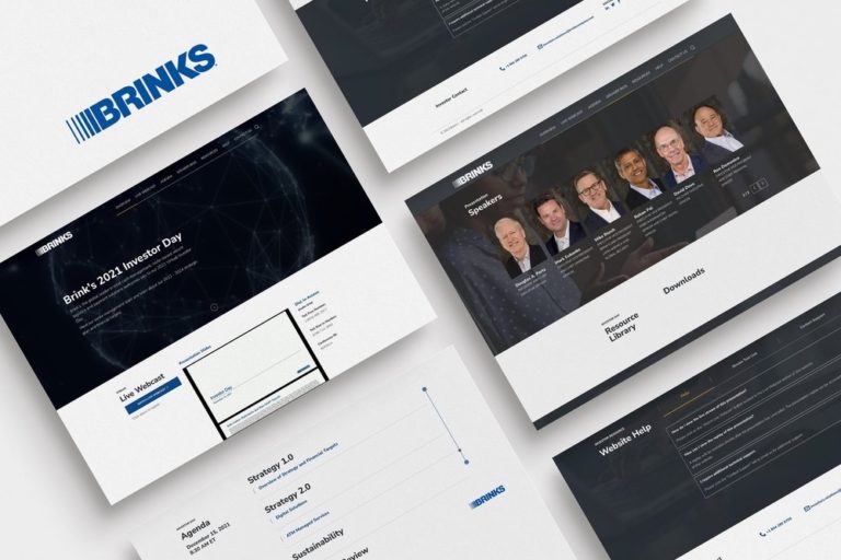 Brink's 2021 Investor Day website interface showcasing the event details, speaker profiles, and resource library. The design features a modern layout with a dark theme, emphasizing key information such as live webcast options and sustainability strategies.