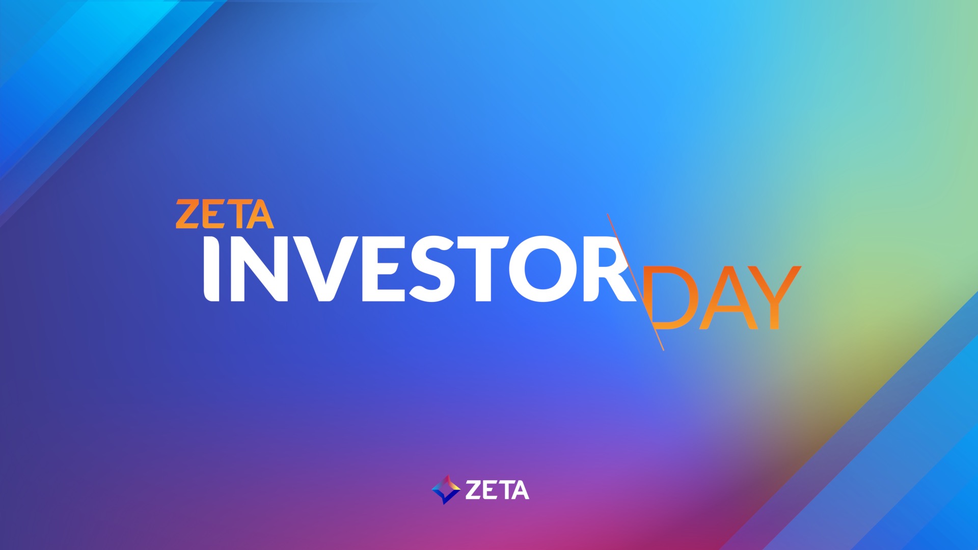 Zeta Investor Day promotional graphic featuring a vibrant blue and purple gradient background with the text "ZETA INVESTOR DAY" prominently displayed.
