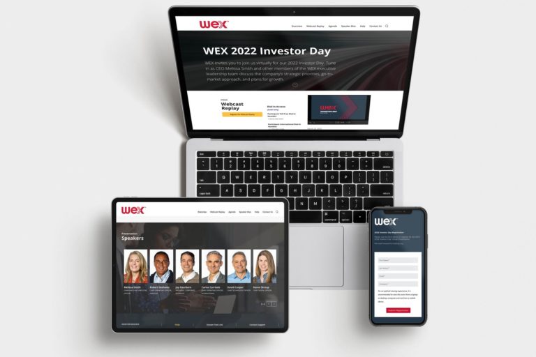 Laptop, tablet, and smartphone displaying the WEX 2022 Investor Day webpage, featuring event details, speaker profiles, and webcast registration options.